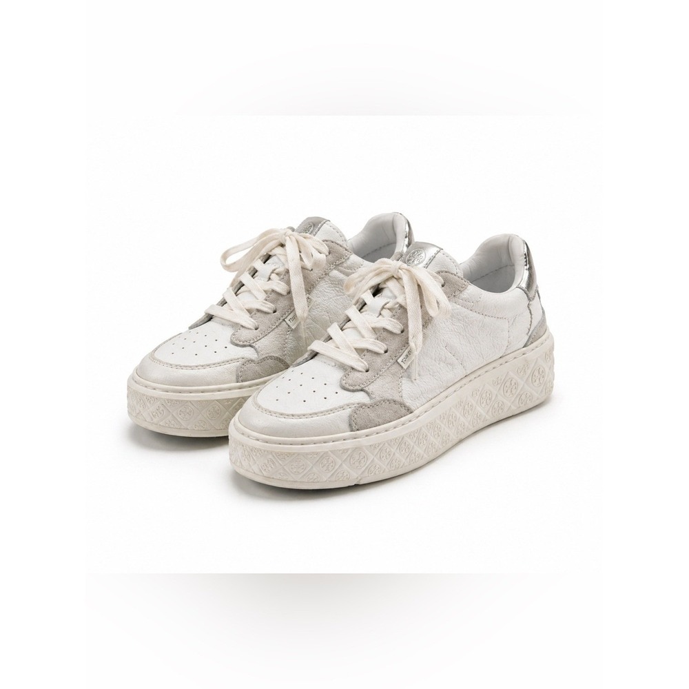 Tory Burch Sneakers 7 White Suede Silver Logo Casual Luxe $220